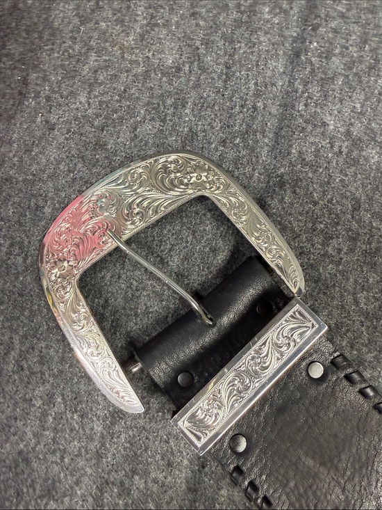 “VINTAGE”. Big AL Vintage Western Black Leather Belt with Silver Engraved Buckle main image 14